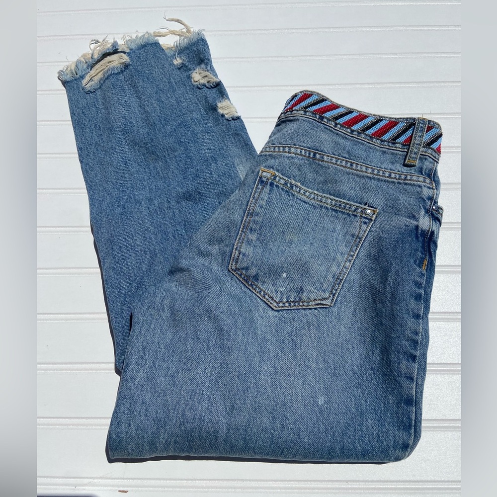 ZARA Beaded Eqiat Distressed Button Fly Jeans Sz:02